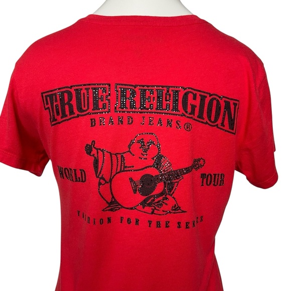 TRUE RELIGION sz X Small Fitted Short Sleeve Tee World Tour Bling Red Black - Picture 3 of 8